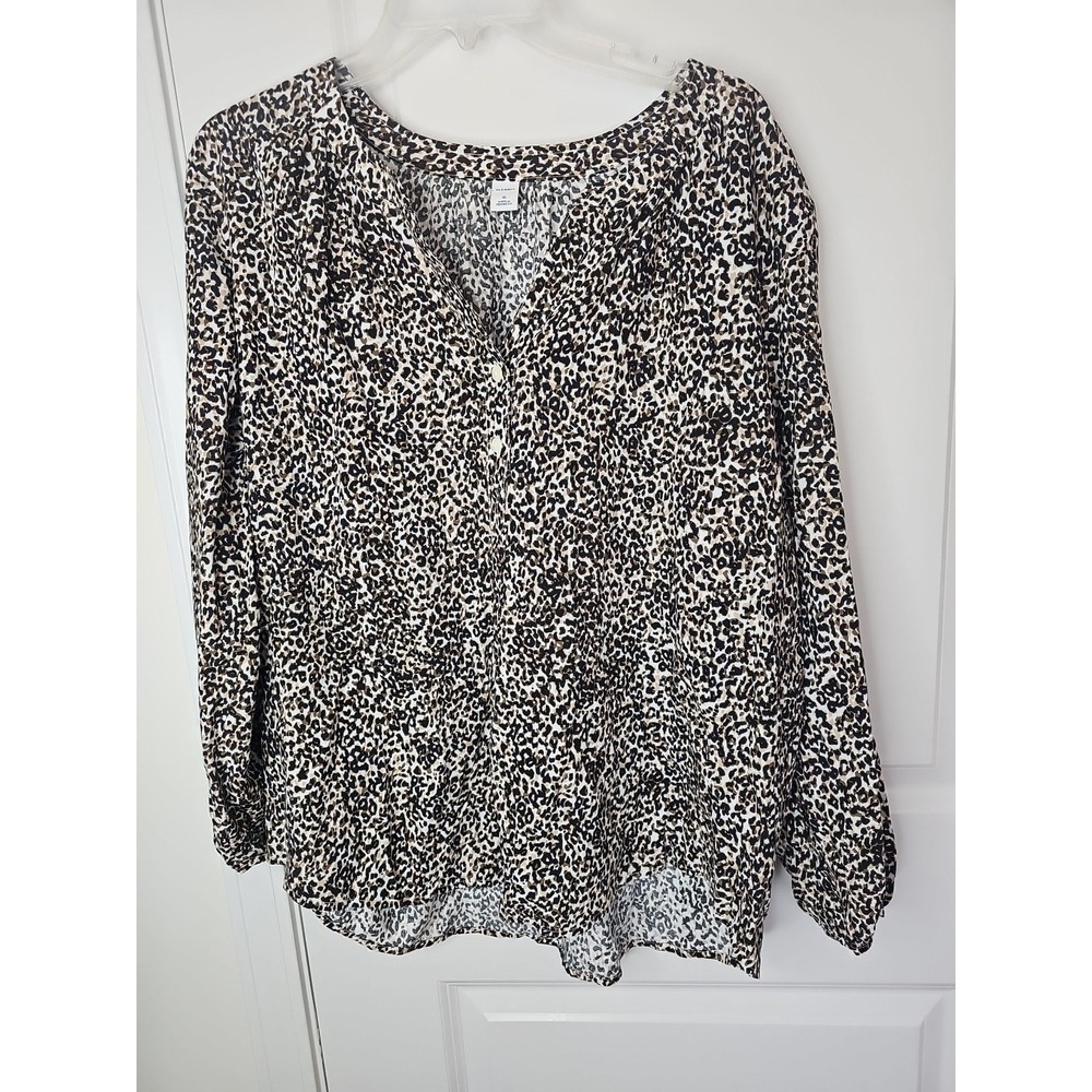 Old Navy Top Womens XL Brown Black Leopard Button Popover Long‎ Sleeve Tunic
